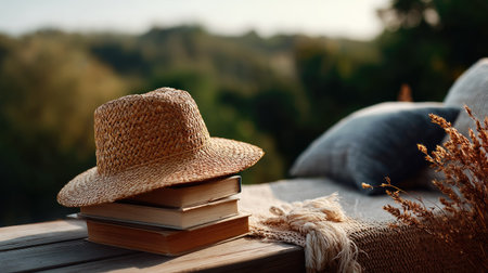 A straw hat resting on a stack of books beside a cozy outdoor reading nookの素材