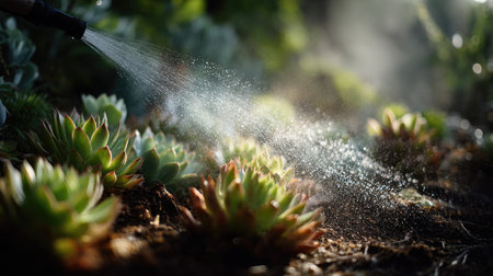 A rubber hose spraying a gentle mist over a small garden of succulents, with water droplets sparkling in the sunlightの素材