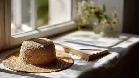 A straw hat placed beside a sketchbook and pencil on a table near a sunny windowの素材