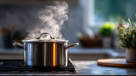 A stainless steel pot of water at full boil on a modern kitchen stovetop, steam rising in soft curls into the airの素材