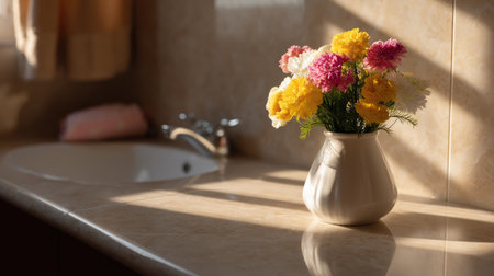 A vase of bright flowers sitting near a bathroom sink, with a soft reflection of the flowers on the sink surface, creating a peaceful and serene atmosphereの素材
