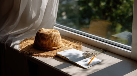 A straw hat placed beside a sketchbook and pencil on a table near a sunny windowの素材