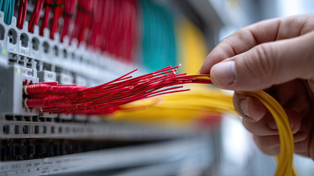 A technician's hand inserting a red electrical wire into a network panel, with other colorful cables in the backgroundの素材