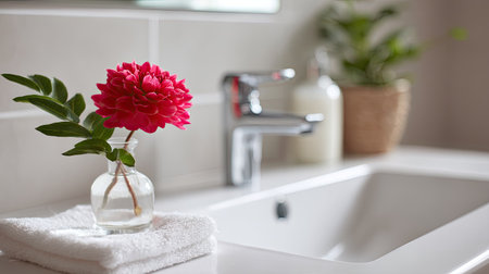 A vase with a single vibrant flower, placed next to a clean white bathroom sink, bringing natural beauty to the minimalist bathroom dcorの素材