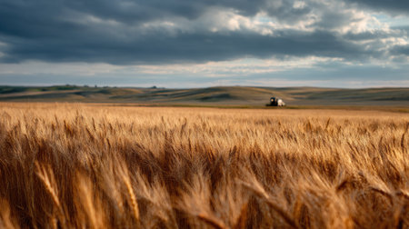 A tranquil golden wheat field with a tractor in the distance, representing agriculture and hard workの素材