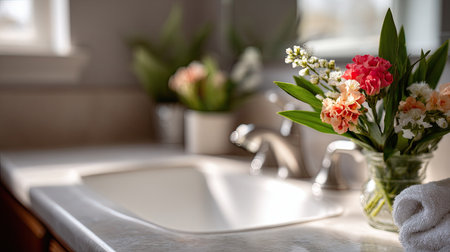 A soft-focused image of a bathroom sink with a vase of fresh flowers in the foreground, capturing the calming and peaceful essence of the roomの素材