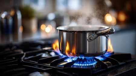 A stainless pot boiling vigorously on a modern gas burner, blue flame visible beneathの素材