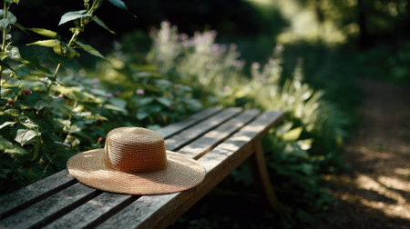 A stylish straw hat resting on a wooden bench under dappled sunlight, surrounded by soft greenery in a gardenの素材