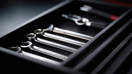 A stainless steel spanner set in a sleek, organized toolbox, with each tool slot labeled and visibleの素材