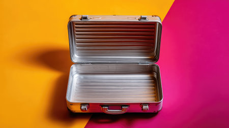A top-down view of an empty aluminum suitcase open on a vibrant background, ready to be packed for travelの素材