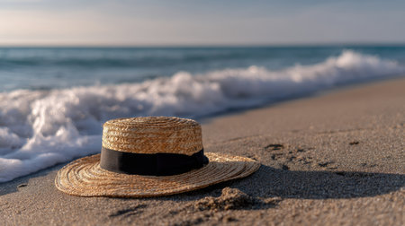A straw hat with a black ribbon band lying in the sand at the beach, gentle waves in the backgroundの素材