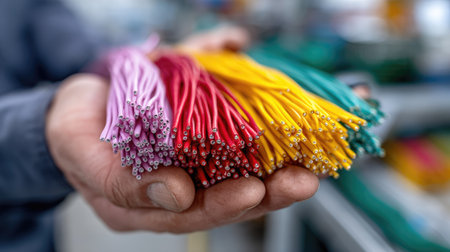 A technician holding a handful of colorful electrical cables in a workspace, with wires labeled and organized for installation in a computerの素材