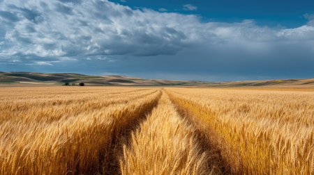 A tranquil golden wheat field with a tractor in the distance, representing agriculture and hard workの素材