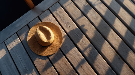 A top-down view of a straw hat casting a shadow on a wooden deck during golden hourの素材