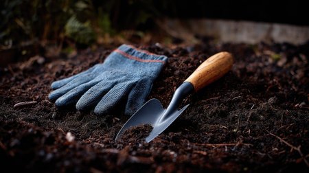 A small spade and gloves resting on a freshly prepared garden bed, showcasing the rich, dark soil texture ready for plantingの素材