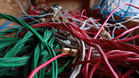 A tangle of colorful computer cables red, green, blue spread across a workbench, showing the intricacy of electrical installationsの素材