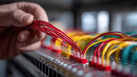 A technician's hand inserting a red electrical wire into a network panel, with other colorful cables in the backgroundの素材