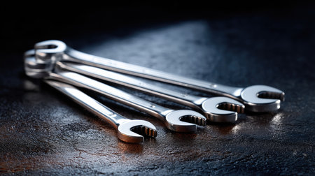 A stainless steel spanner set on a dark textured background, with reflections enhancing the polished surface of each toolの素材