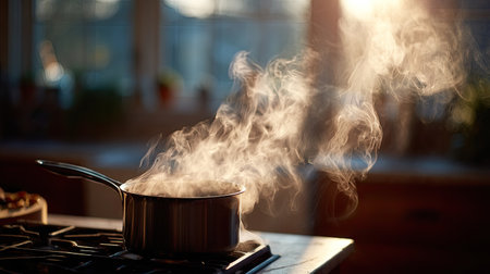 A close-up of steam rising from a pot on the stove, soft light highlighting the movement in the airの素材