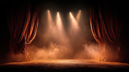 Curtains drawn wide with stage lights and haze creating a dramatic entrance sceneの素材