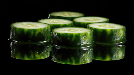 Cucumber rounds floating symmetrically on still water, high-contrast lighting for a clean, refreshing lookの素材