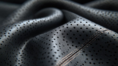Detail shot of perforated soft black leather used in modern sofa upholstery, with even stitching and matte textureの素材
