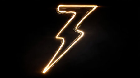Curved lightning bolt with high-contrast glow isolated on a pitch-black backgroundの素材
