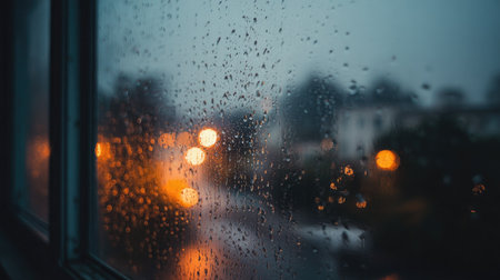 Dew-covered glass window with a faint reflection of indoor lights and soft rain in the backgroundの素材