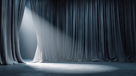 Elegant theater interior with curtains parting and bright white spotlight centered on stageの素材