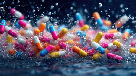 Dozens of colorful capsules and fresh water droplets colliding mid-flight, futuristic medicine vibeの素材