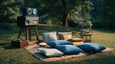 DIY backyard cinema with a movie projector and cushions spread on the grassの素材