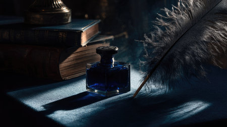 Dramatic lighting on a dark desk with a black feather and deep blue ink bottle, shadows creating a moody effectの素材