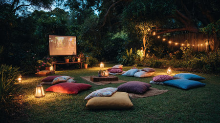 DIY backyard cinema with a movie projector and cushions spread on the grassの素材