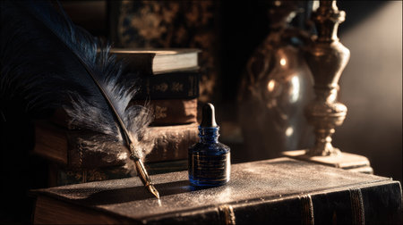 Dramatic lighting on a dark desk with a black feather and deep blue ink bottle, shadows creating a moody effectの素材