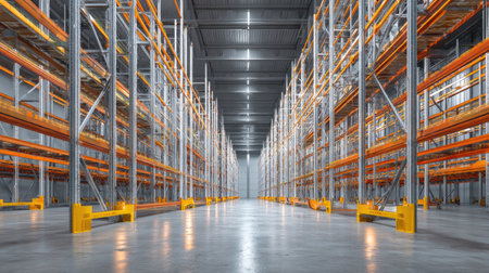Empty storage racks inside a newly built warehouse ready for stockの素材