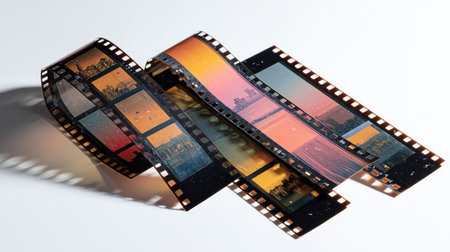 Flat lay of several strips of developed negatives laid out on a white background for scanningの素材