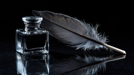 Feather quill resting across a glass ink bottle with reflections on a polished black surfaceの素材