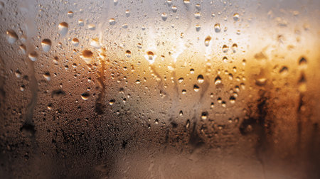 Droplets of rain and condensation forming textures on a cold window during stormy weatherの素材