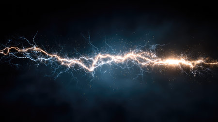 Dynamic lightning bolt streaking horizontally with crackling visual effect on dark backgroundの素材