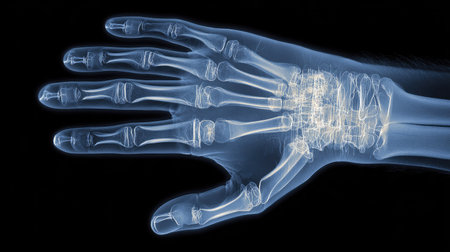 Forensic-style X-ray of a hand and wrist, digitally enhanced for skeletal clarity and case analysisの素材