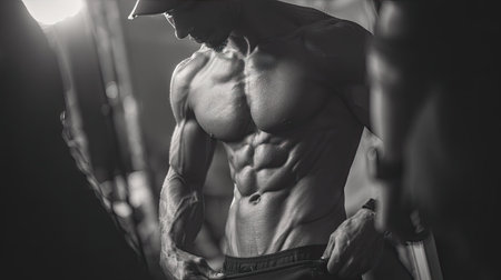 Fitness competitor backstage adjusting waistband, focus on lean, muscular torso and abs under stage lightsの素材