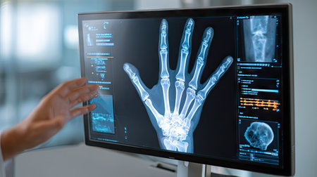 Digital display of hand X-ray scan on a modern touchscreen monitor in a clinical settingの素材