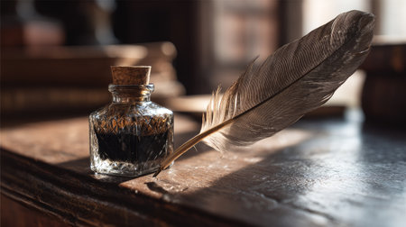 Elegant quill feather resting beside an open glass bottle of ink on an antique wooden desk, soft natural light streaming inの素材