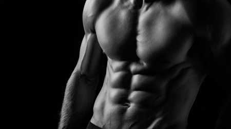 Fit male torso in low light with dramatic shadows emphasizing six-pack and oblique muscles, black backgroundの素材