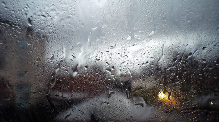Droplets of rain and condensation forming textures on a cold window during stormy weatherの素材