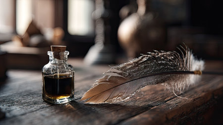 Elegant quill feather resting beside an open glass bottle of ink on an antique wooden desk, soft natural light streaming inの素材