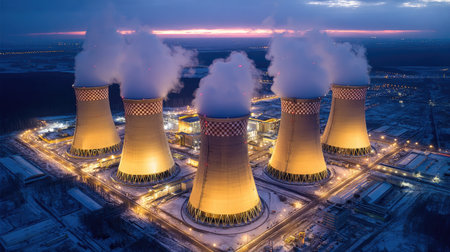 Drone shot of a thermal power station complex with four chimneys and connected cooling towersの素材