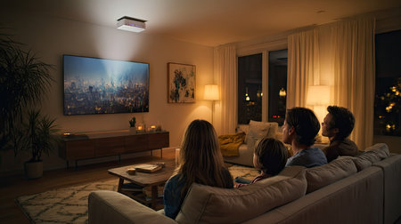 Family watching a movie in their living room with a ceiling-mounted projector casting on the wallの素材