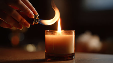 Flame from a lighter being used to light a candle, hands steady in a peaceful home settingの素材