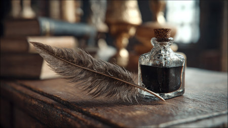 Elegant quill feather resting beside an open glass bottle of ink on an antique wooden desk, soft natural light streaming inの素材